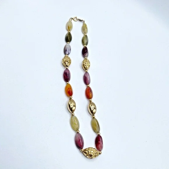 Vintage Napier Lucite Marbled Faux Stone Gold Tone Beaded Necklace Colorful 16" - Picture 5 of 7
